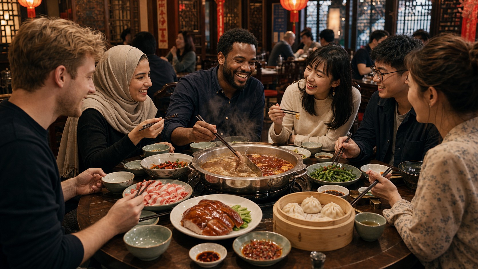 Overseas travelers choosing Chinese hot pot dishes in a restaurant